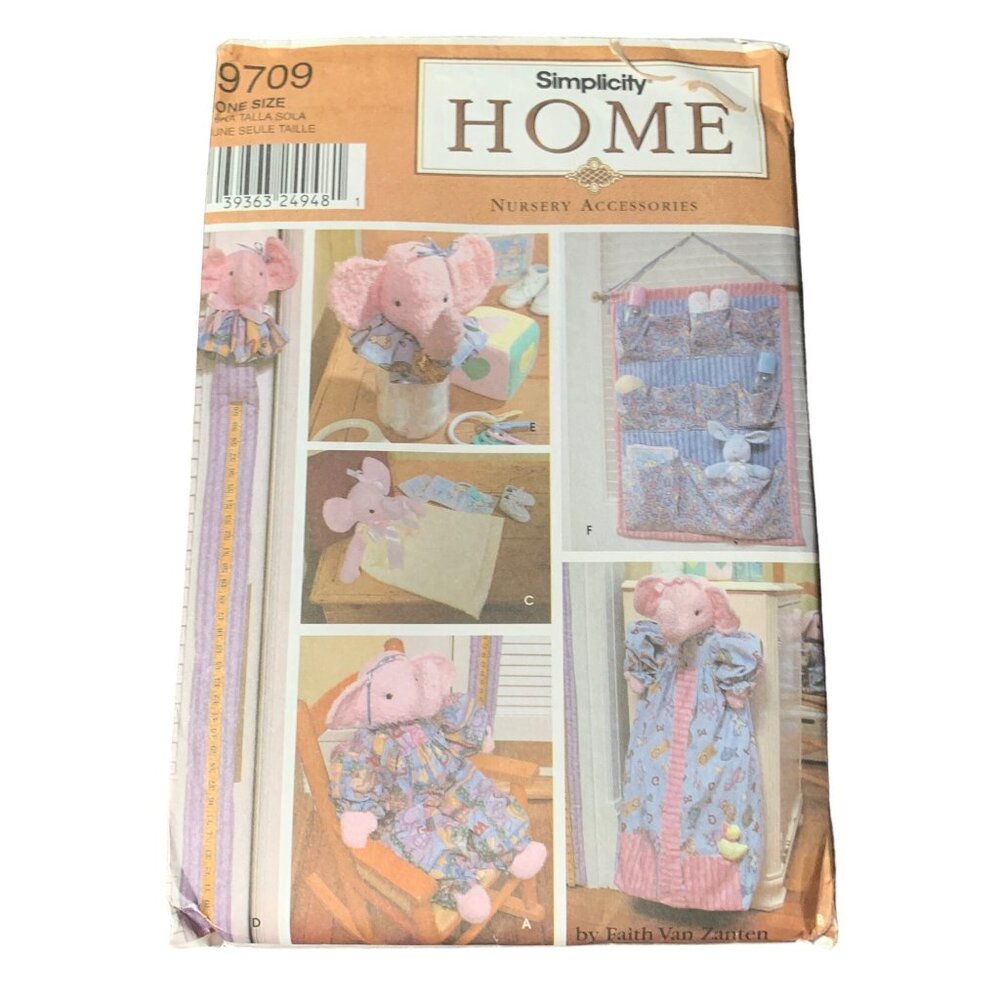 Simplicity 9709 Nursery Accessories Pattern Plush Elephant Wall Organizer uncut